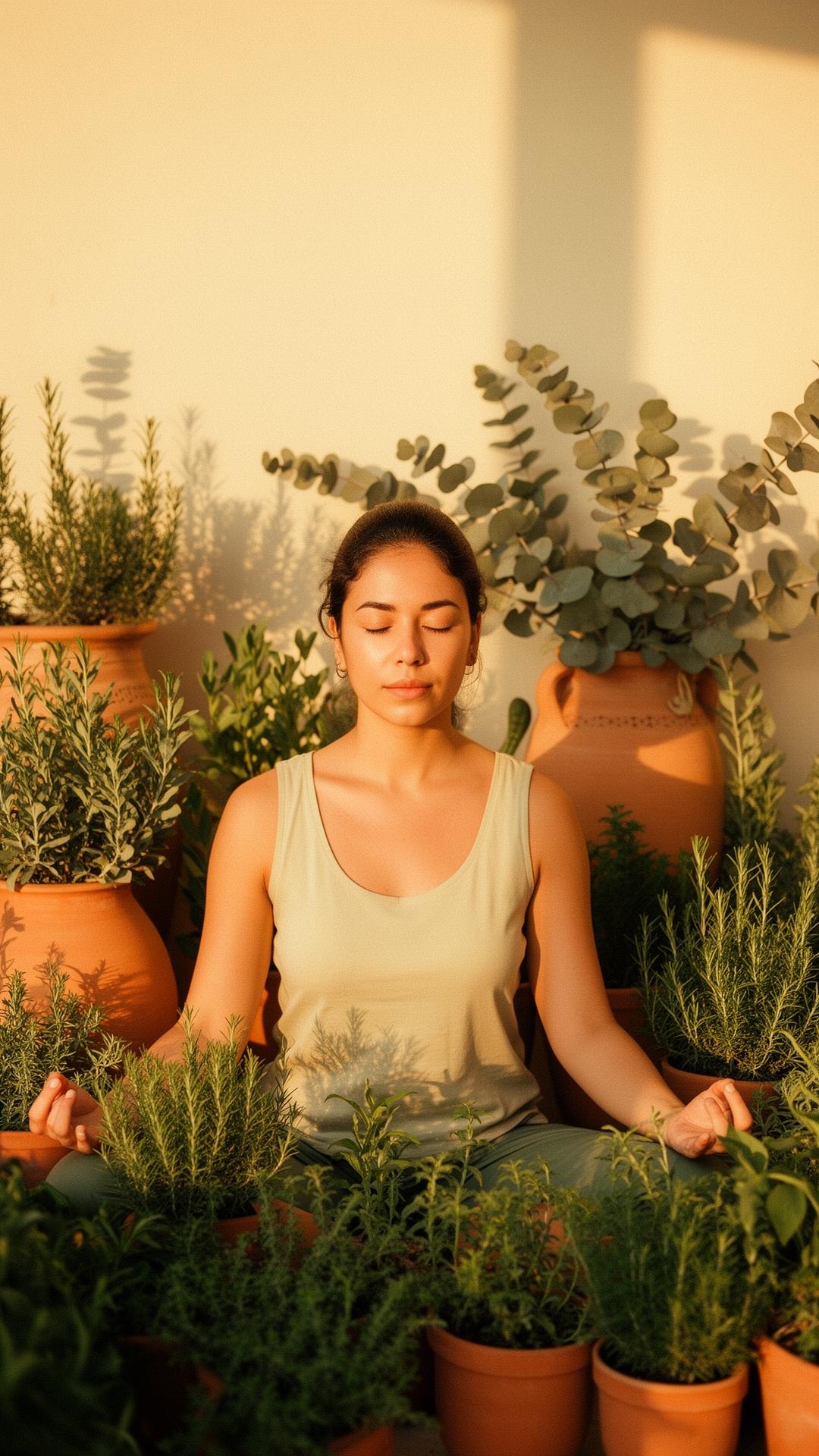 Persona meditando entre plantas medicinales al atardecer